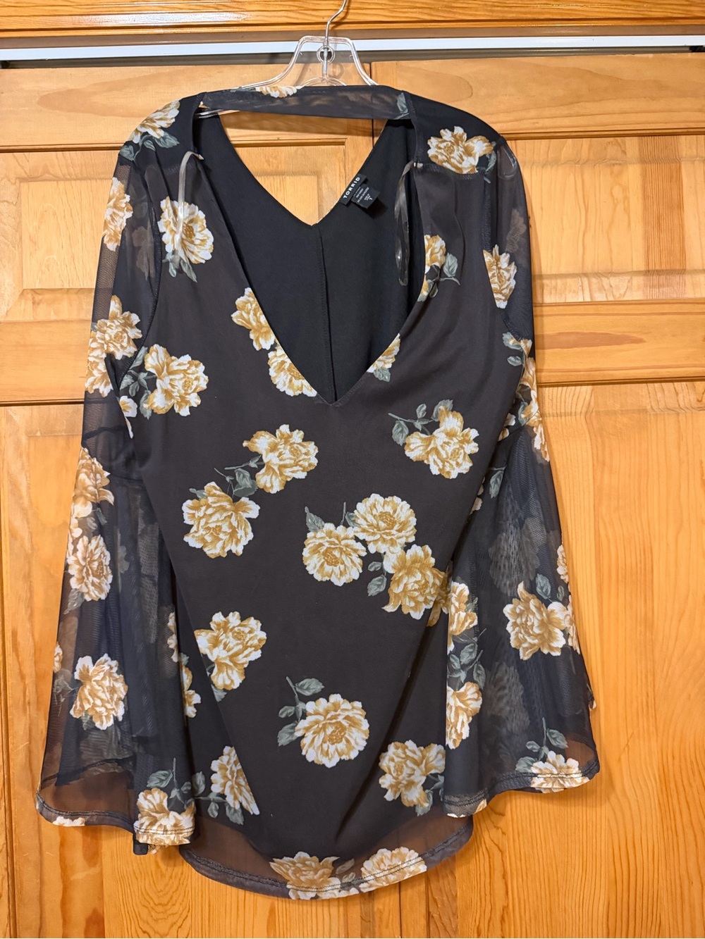 SHEIN Black Sheer Bell Sleeve Floral V-Neck Blouse